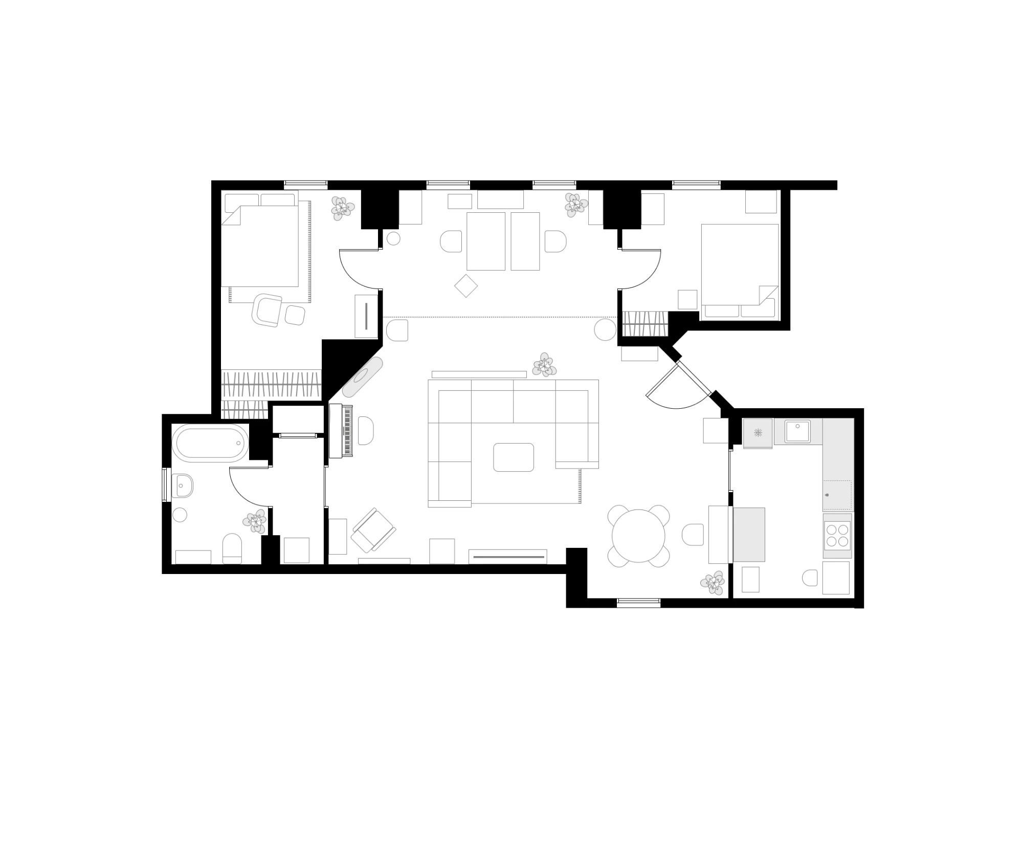 Redesigned floor plan of the same apartment: the diagonal seating is replaced by a large U-shaped sectional wrapping a central coffee table, squared up to the walls, with a console behind it and a second small seating group by the windows.