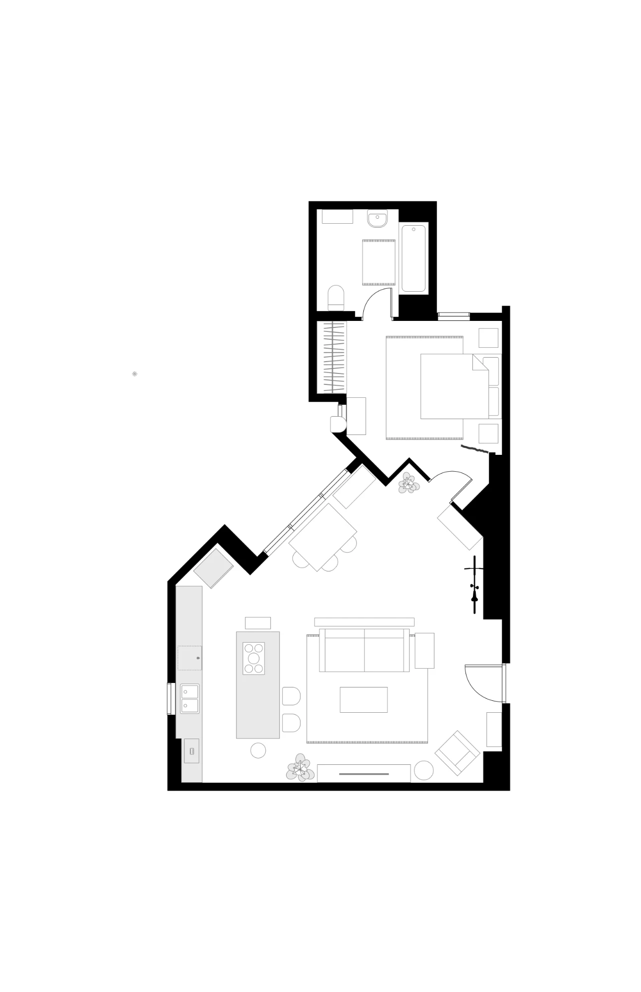 Redesigned floor plan of the same apartment: the kitchen island is stretched much longer with the hob in it and two stools along its open side, the dining table is now rectangular and pushed tight against the diagonal wall, the sofa and lounge chair form a tighter group on the rug, and a long bench runs along the bottom wall.