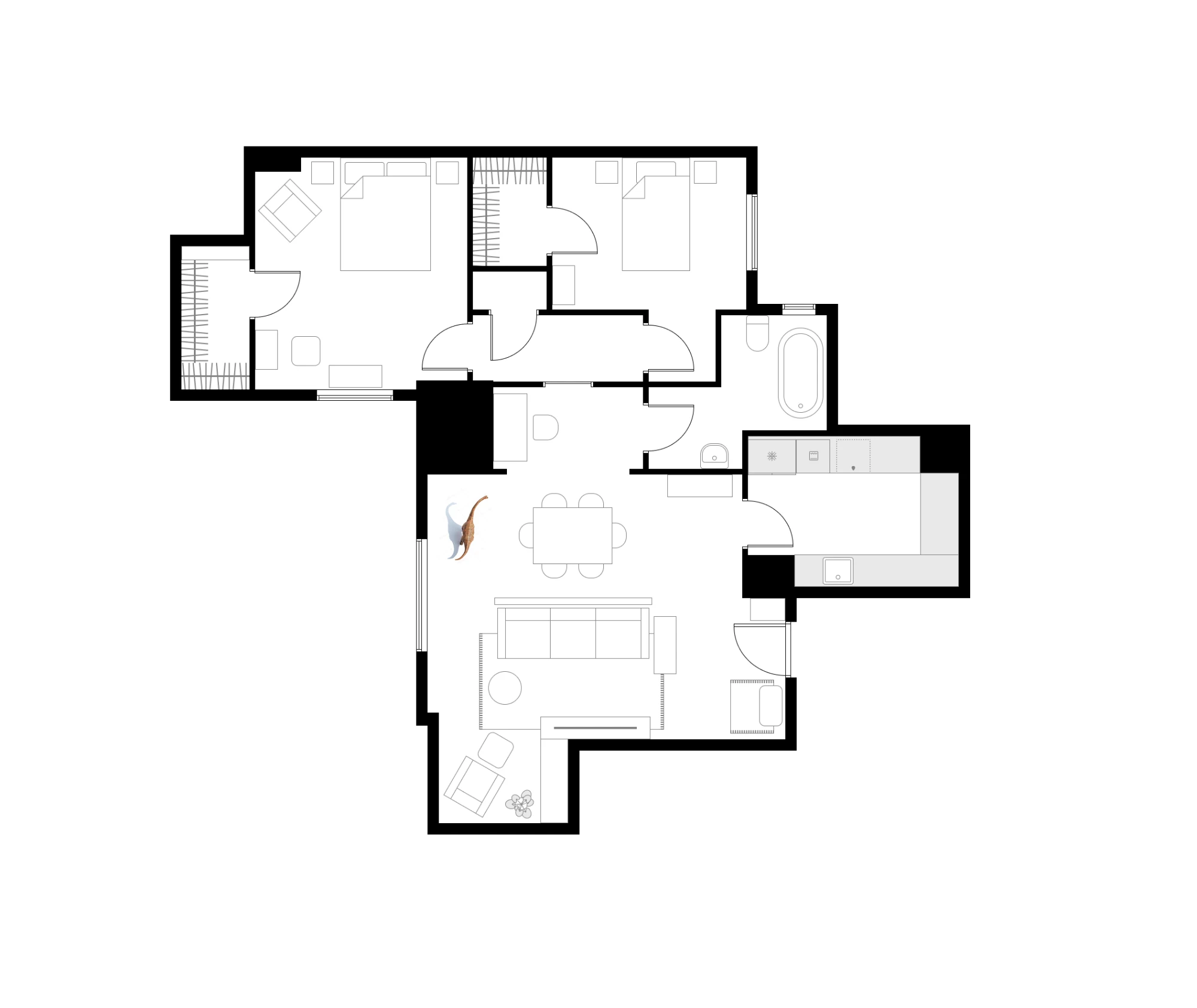 Redesigned floor plan of the same apartment: the round corner table is gone, a rectangular six seat dining table now stands in the middle of the open space below the hall, the sofa has moved down and squared up to a long media wall on a rug with a side chair and round side table, a lounge chair and footstool sit in the bottom left corner with a plant, the kitchen is a clear galley run with no table, and a small illustrated dinosaur stands in the open floor beside the dining table.
