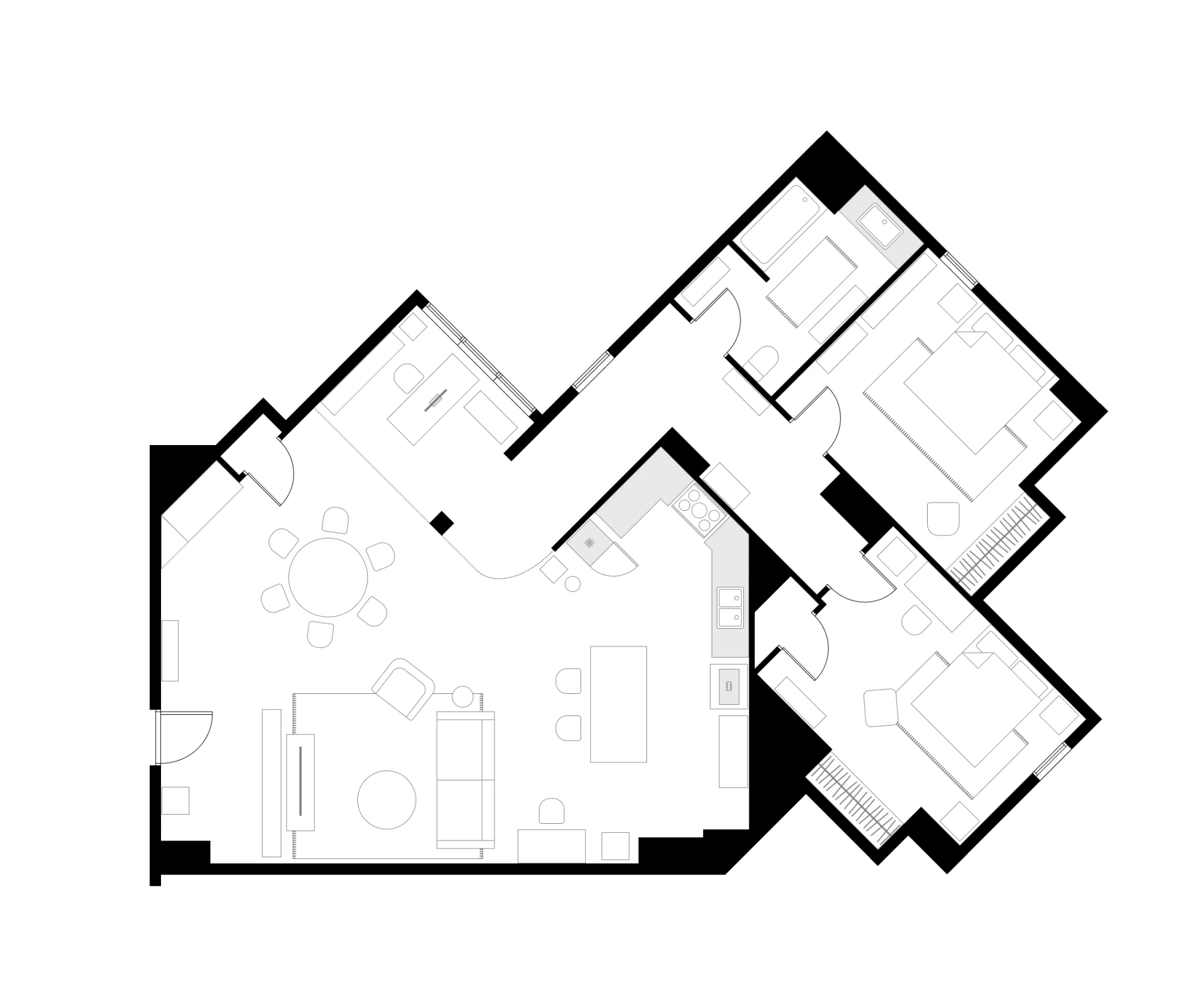 Redesigned floor plan of the same apartment: a round table with six chairs now sits under the angled windows at the top left as a proper dining zone, and the seating group has moved down to the bottom of the plan where the sofa faces a long media unit running along the left wall, with an armchair and a round coffee table on the rug between them.